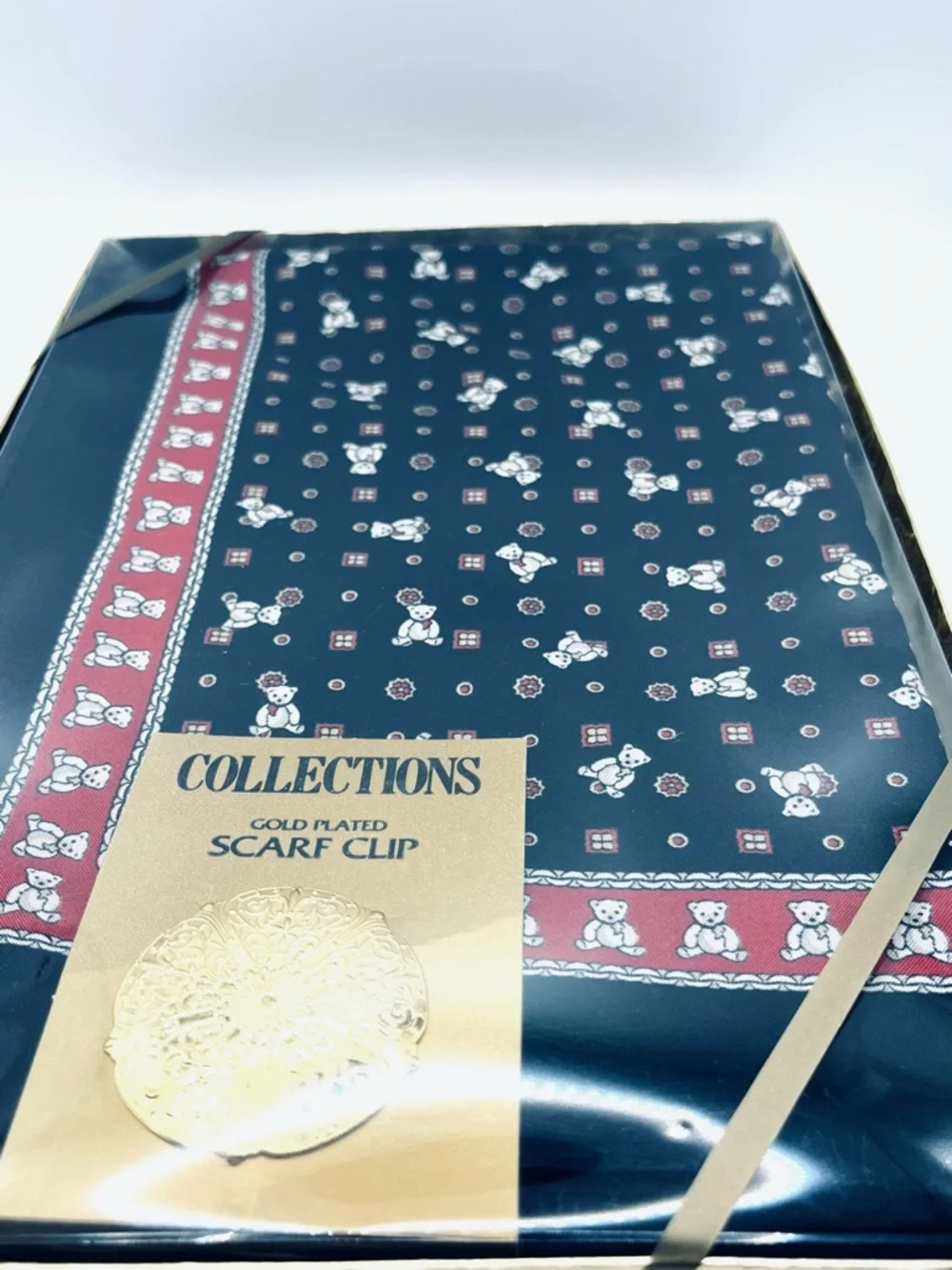 Teddy Bear Print Scarf with Gold-Plated Clip Made in Italy 30 x 30